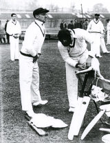 Don Bradman, 'box' in position, prepares to tune up in the nets at the start of the tour © Wisden Cricket Monthly